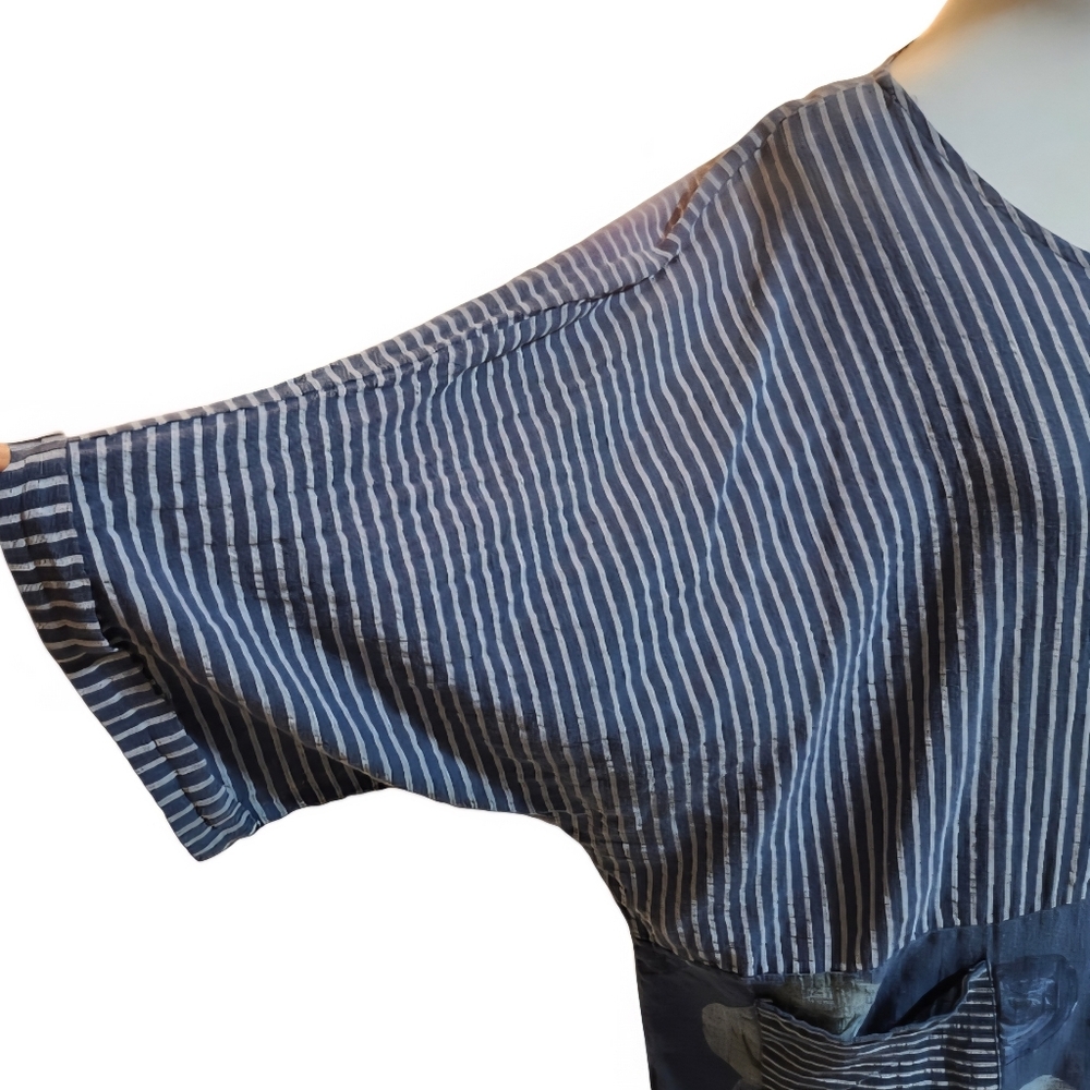 🇮🇹Made In Italy, 100% Cotton, Blue Striped & Print Relaxed Fit Tunic Top - Picture 5 of 10